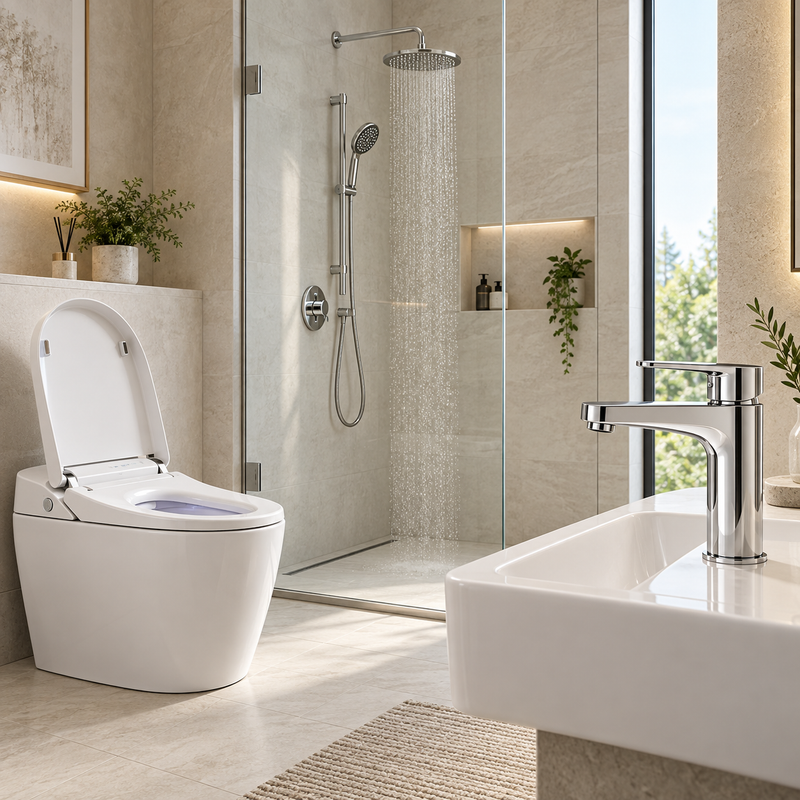 KIVO bathroom inspiration with taps, shower and toilet