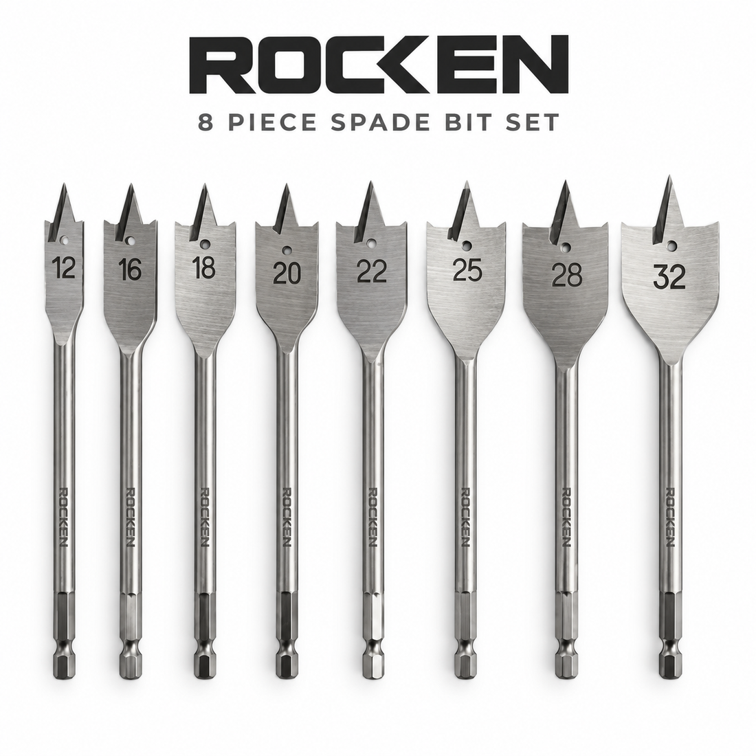 ROCKEN 8 Piece Spade Bit Set – 12–32 mm