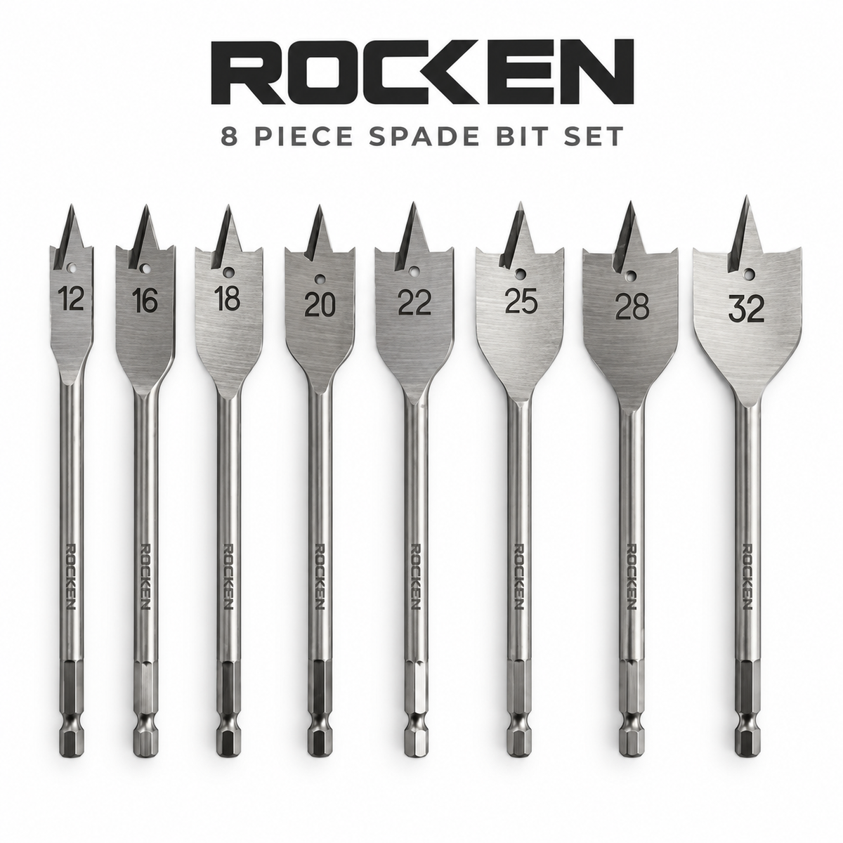 ROCKEN 8 Piece Spade Bit Set – 12–32 mm