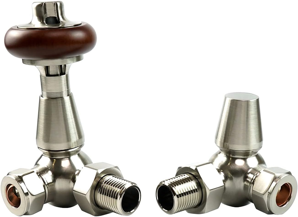 KIVO Traditional Thermostatic Corner Radiator Valve and Lockshield Set – Satin Nickel