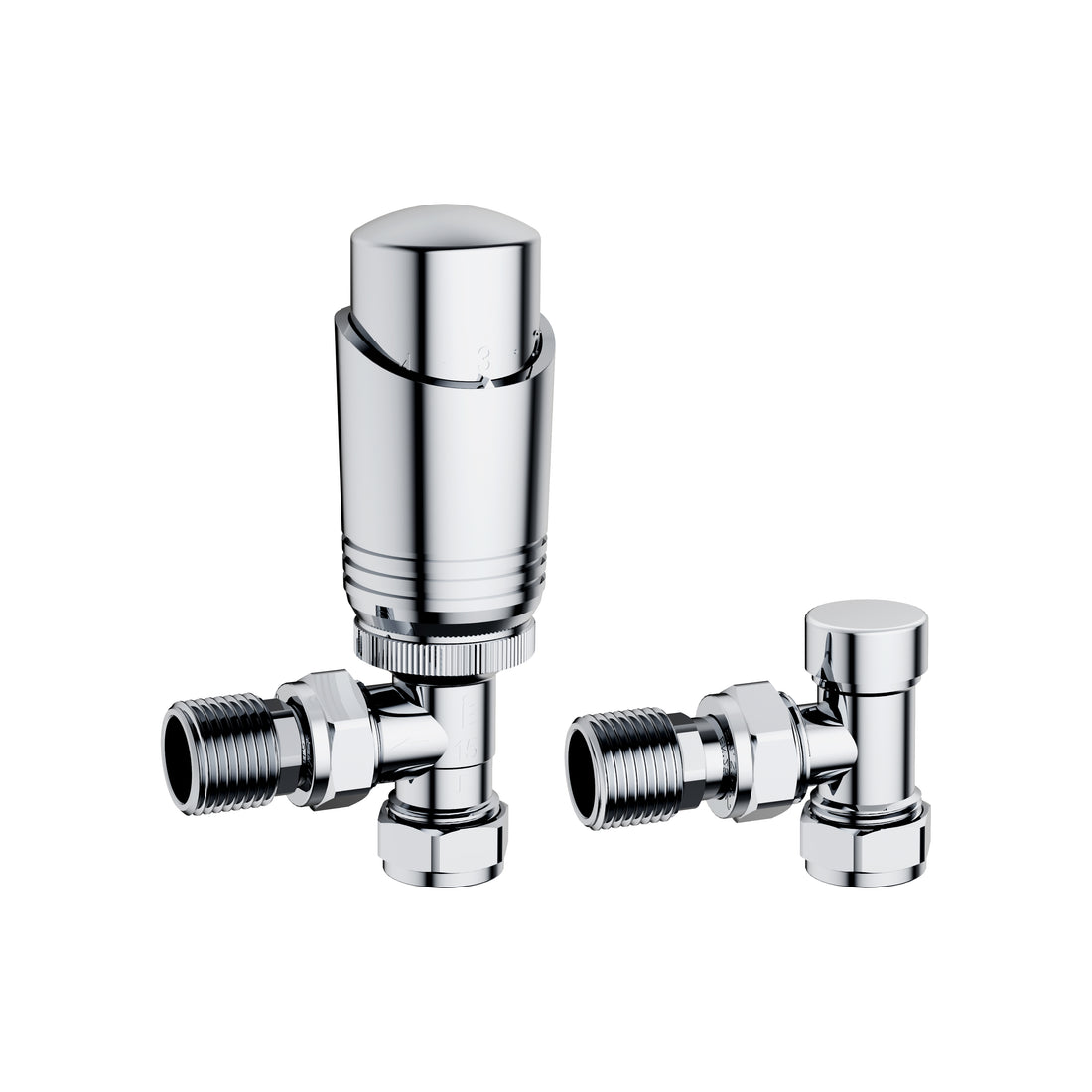 KIVO VHTRV006 angled thermostatic radiator valve and lockshield set in Polished Chrome