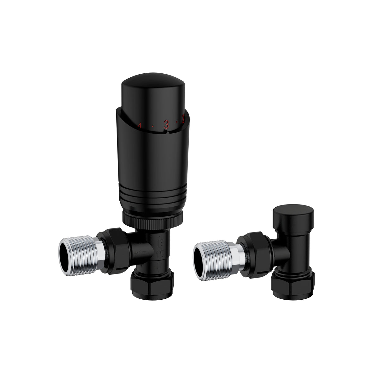 KIVO VHTRV006 angled thermostatic radiator valve and lockshield set in Matte Black