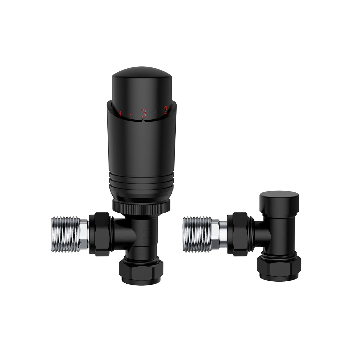 KIVO VHTRV006 angled thermostatic radiator valve and lockshield set in Matte Black