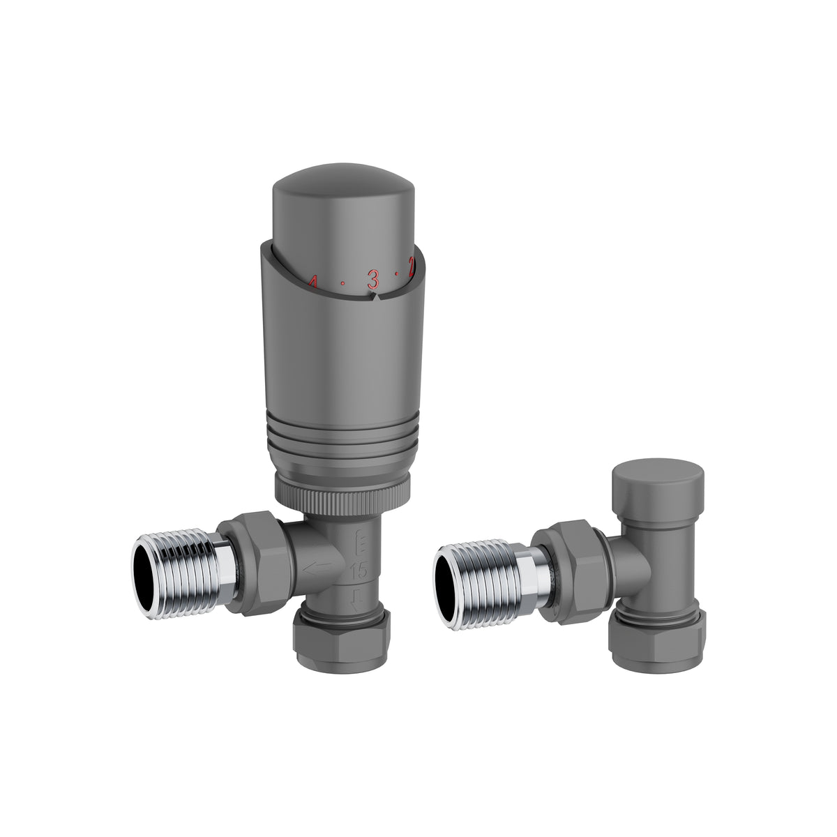 KIVO VHTRV006 angled thermostatic radiator valve and lockshield set in Matte Light Grey
