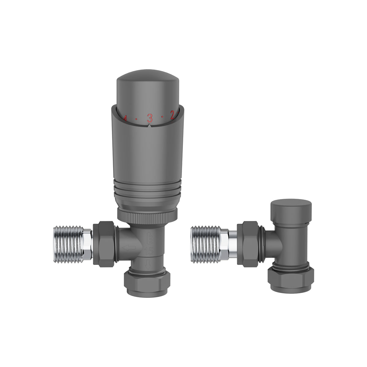 KIVO VHTRV006 angled thermostatic radiator valve and lockshield set in Matte Light Grey