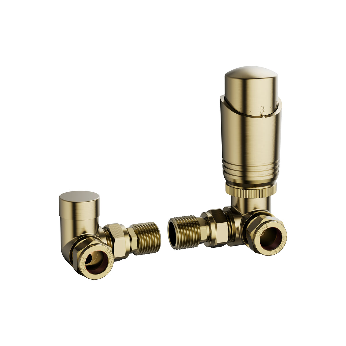 KIVO VHTRV007 Corner Thermostatic Radiator Valve & Lockshield Set – Brushed Gold