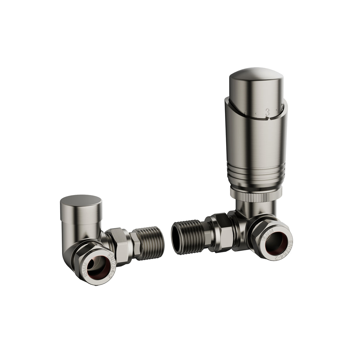 KIVO VHTRV007 Corner Thermostatic Radiator Valve & Lockshield Set – Brushed Nickel